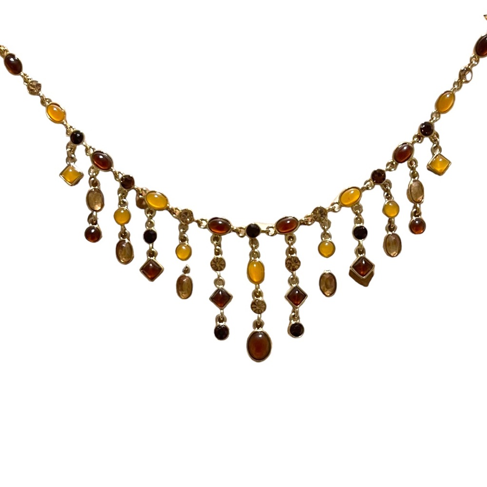 Trifari Gold Cabochon Rhinestone Brown Dangle Necklace